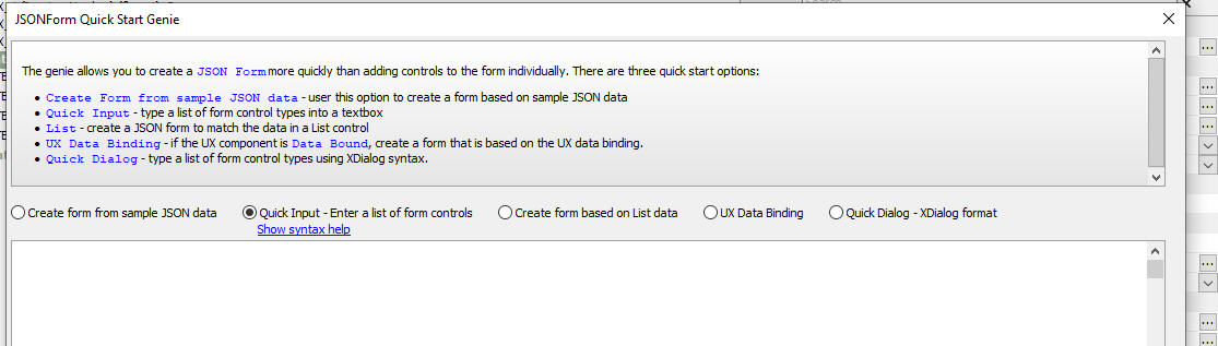 JSON Form quick start genie dialog